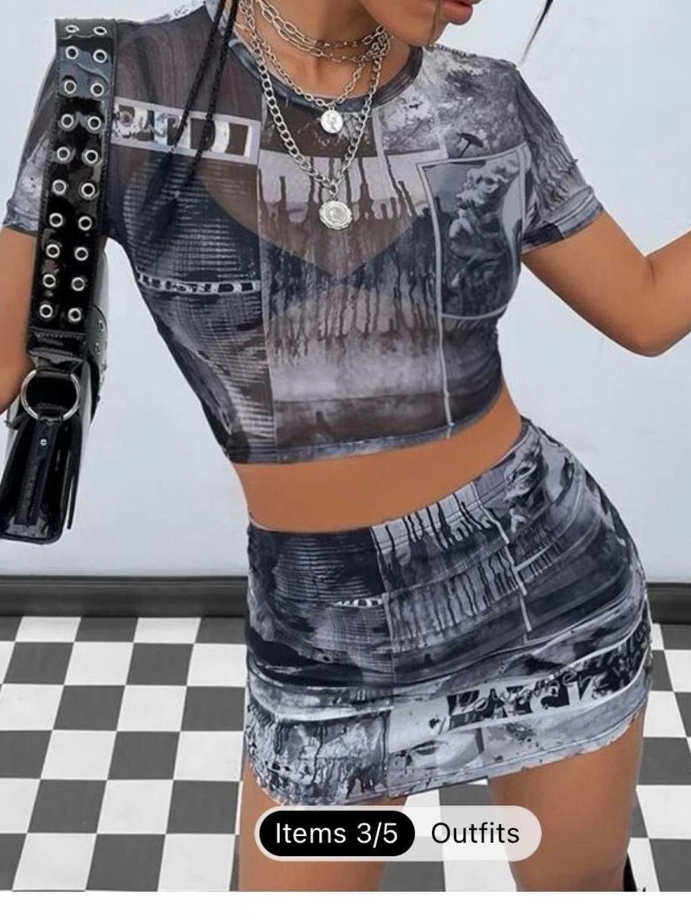 Black & Gray Abstract Print Mini Skirt | festival wear | rave set